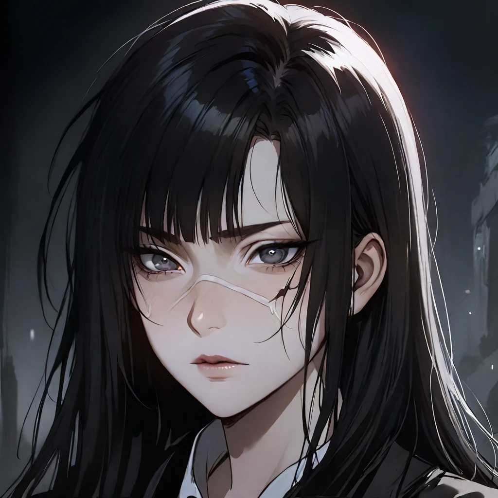 (masterpiece high quality, modern clothes, face close-up 3x4, arcane, caitlyn, black hair, 1girl, long hair, bangs, black attire, messy hair, white top suit, black clothes, anime style character, highly detailed exquisite fanart, realistic anime, black eyes)