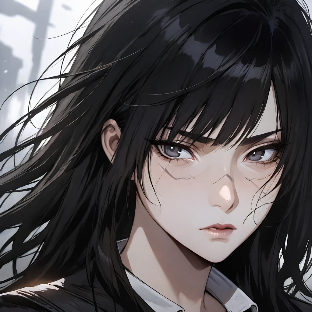 (masterpiece high quality, modern clothes, face close-up 3x4, arcane, caitlyn, black hair, 1girl, long hair, bangs, black attire, messy hair, white top suit, black clothes, anime style character, highly detailed exquisite fanart, realistic anime, black eyes)