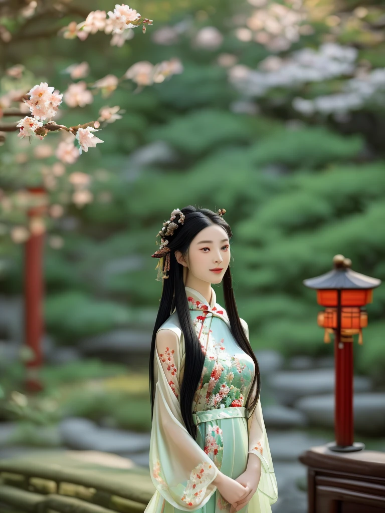 A stunning Chinese girl in an elegant crimson Ming dynasty hanfu, adorned with intricate gold embroidery depicting delicate floral patterns. She stands gracefully in a traditional garden, surrounded by lush greenery and stone lanterns. The soft light of the setting sun illuminates her delicate features and flowing black hair, adorned with ornate hairpins. Her serene smile and poised stance exude timeless beauty and subtle sensuality.