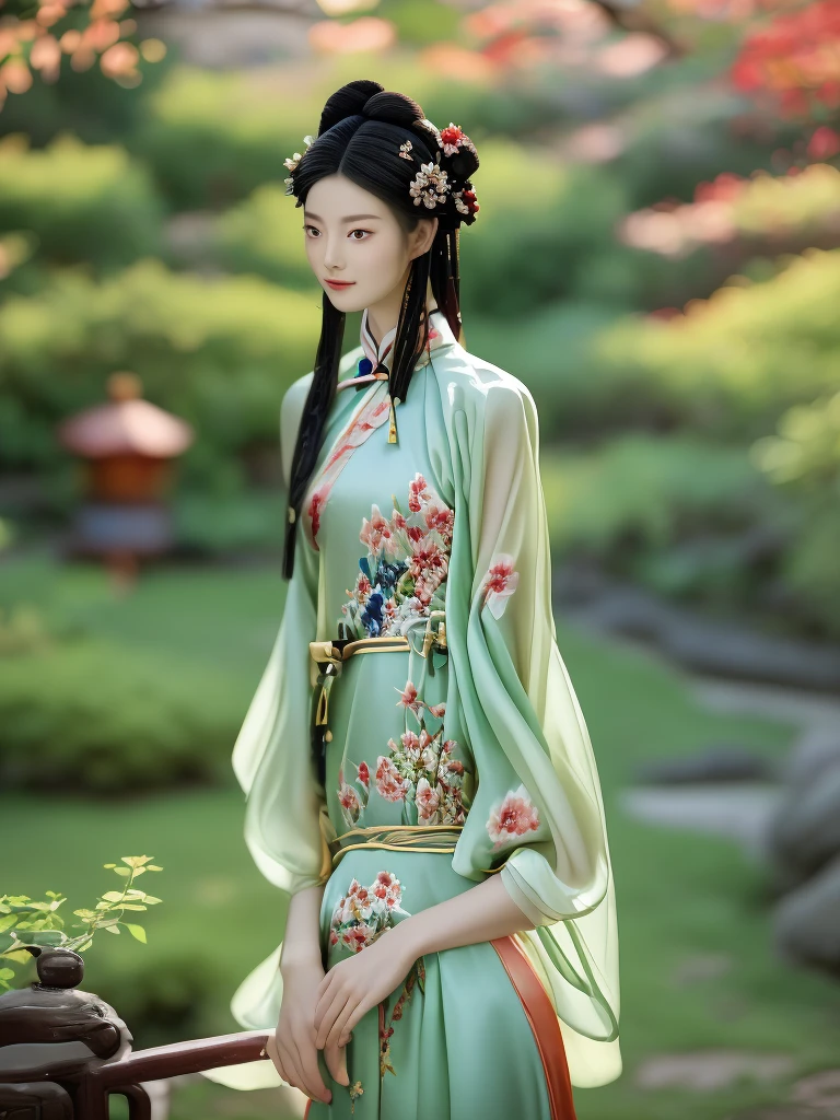 A stunning Chinese girl in an elegant crimson Ming dynasty hanfu, adorned with intricate gold embroidery depicting delicate floral patterns. She stands gracefully in a traditional garden, surrounded by lush greenery and stone lanterns. The soft light of the setting sun illuminates her delicate features and flowing black hair, adorned with ornate hairpins. Her serene smile and poised stance exude timeless beauty and subtle sensuality.