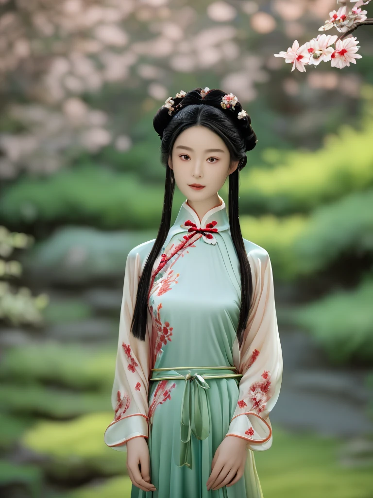 A stunning Chinese girl in an elegant crimson Ming dynasty hanfu, adorned with intricate gold embroidery depicting delicate floral patterns. She stands gracefully in a traditional garden, surrounded by lush greenery and stone lanterns. The soft light of the setting sun illuminates her delicate features and flowing black hair, adorned with ornate hairpins. Her serene smile and poised stance exude timeless beauty and subtle sensuality.