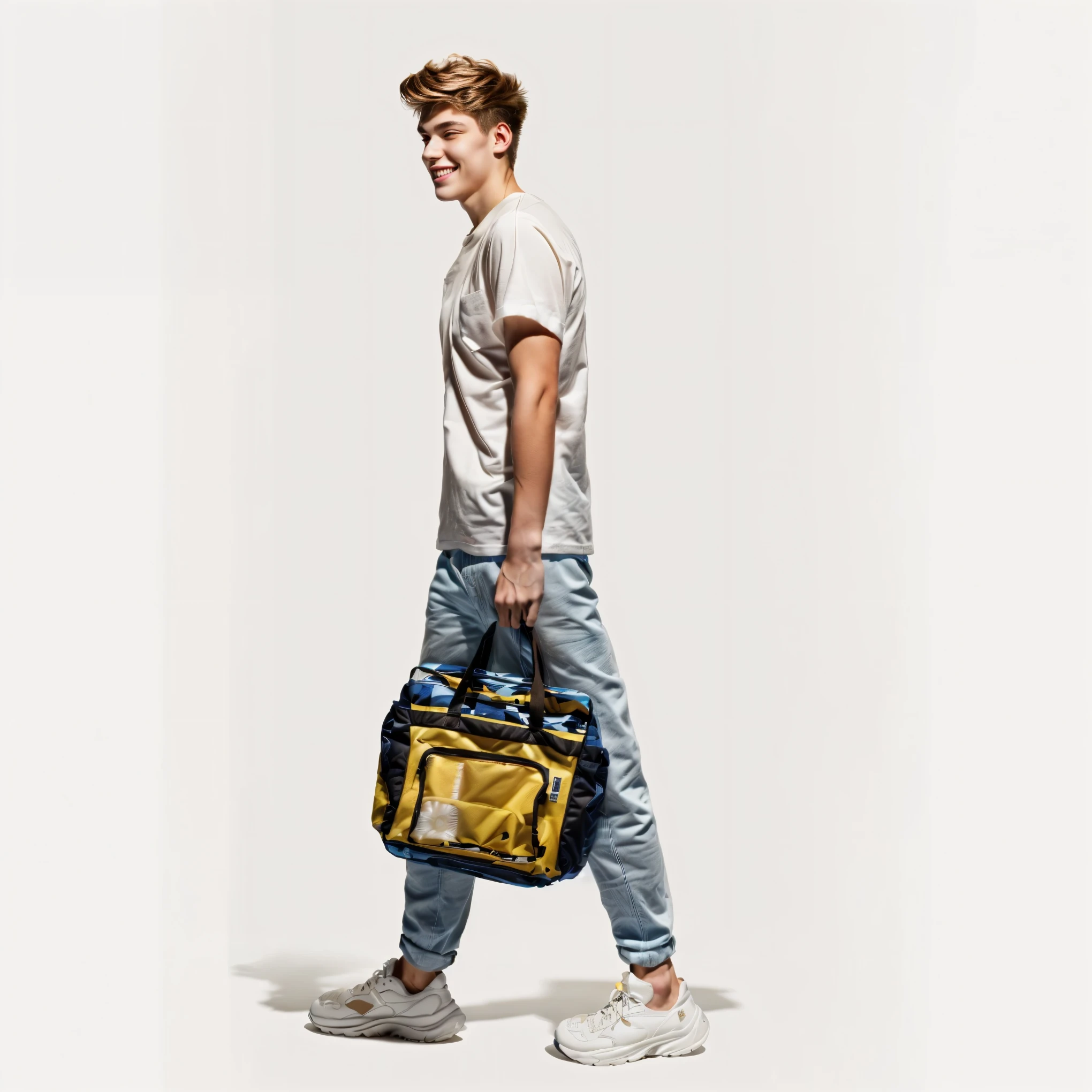 An 18-year-old，Swedish man，充满masculinity的年轻男子,Muscular man side profile，whole body，（Keep your eyes on the front），Smiling cheerful boy，（Hand-held transparent tote bag），（Light gray top：1.37），（jeans：1.37），White sneakers，Golden brown hair , Light brown eyes, masculinity，Transparent shoulder bag, Full length view, , Full Height View, distant whole body视图, whole body广角镜头, （Studio white background：1.37）
