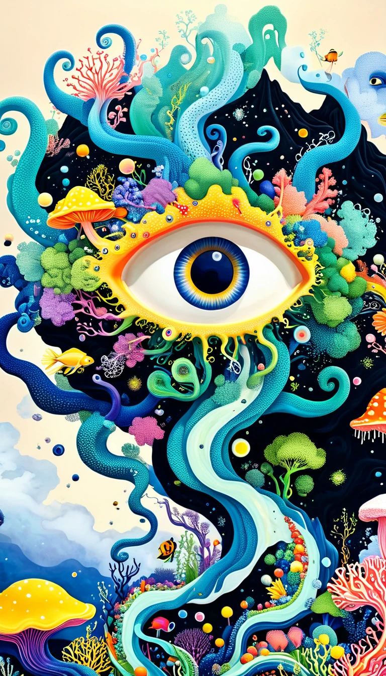 Broto art style，Strong visual fusion of multiple elements，来自Star的艺术家，Autistic artist，Colorful black，Dopamine color scheme，house、Eye、pearl珠帘、Plerogyra sinuosa、Soft coral、pearl、Star、cloud、Schools of colorful fish、Spore powder、Tentacles，Describing the inner world of autistic people，密集Pointillism method。Smooth lines。interesting，Strange illustration。Pointillism method。Strong contrast。Award-winning works。
