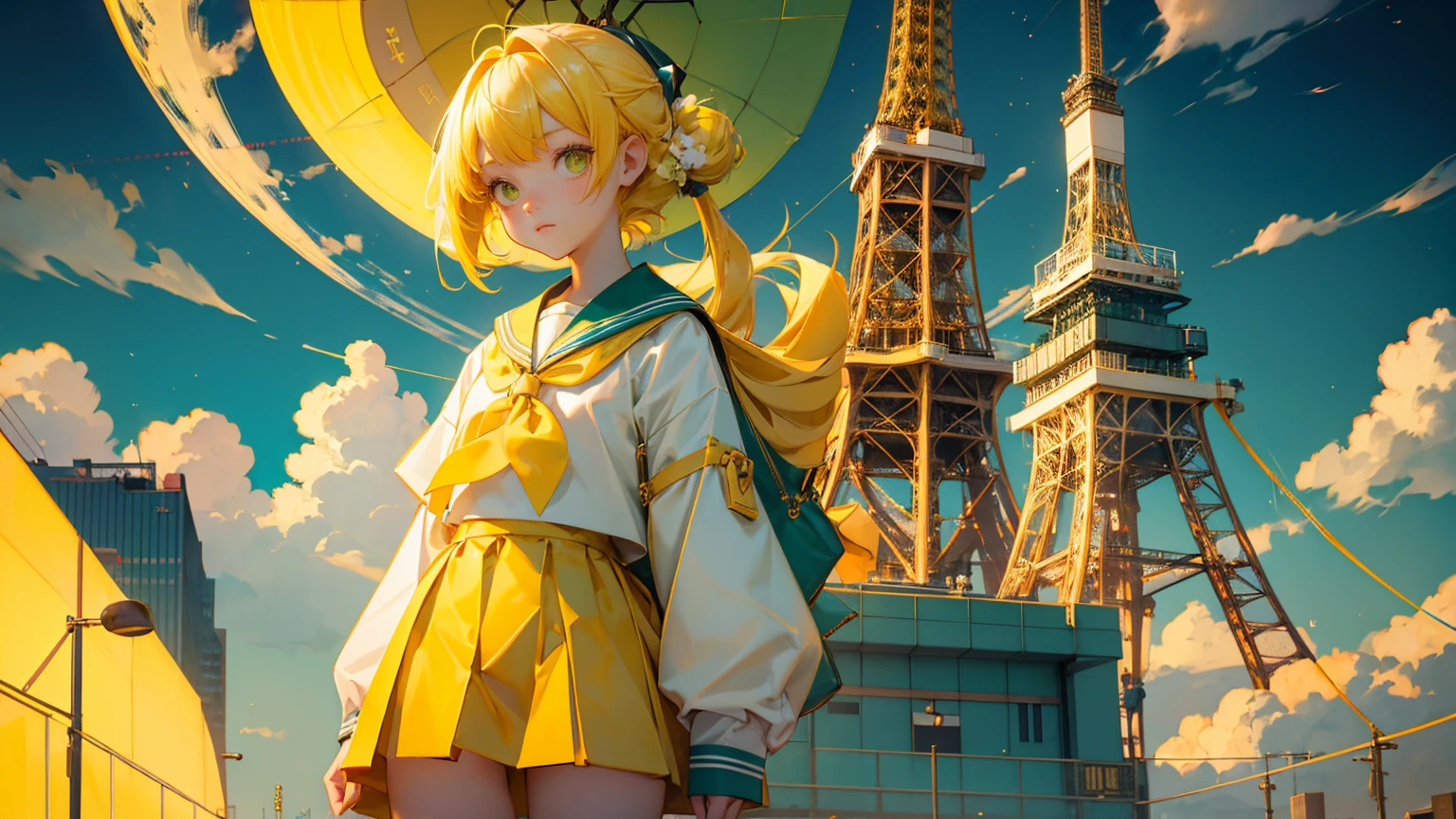 A cute girl with yellow hair and big eyes wearing a sailor suit, holding an apple in her hand, with Tokyo Tower behind her. A school band is playing musical instruments. The color scheme is yellow-green. The title is "Farewell to capsule girls modifications"." Easy KYC" written on the bottom
