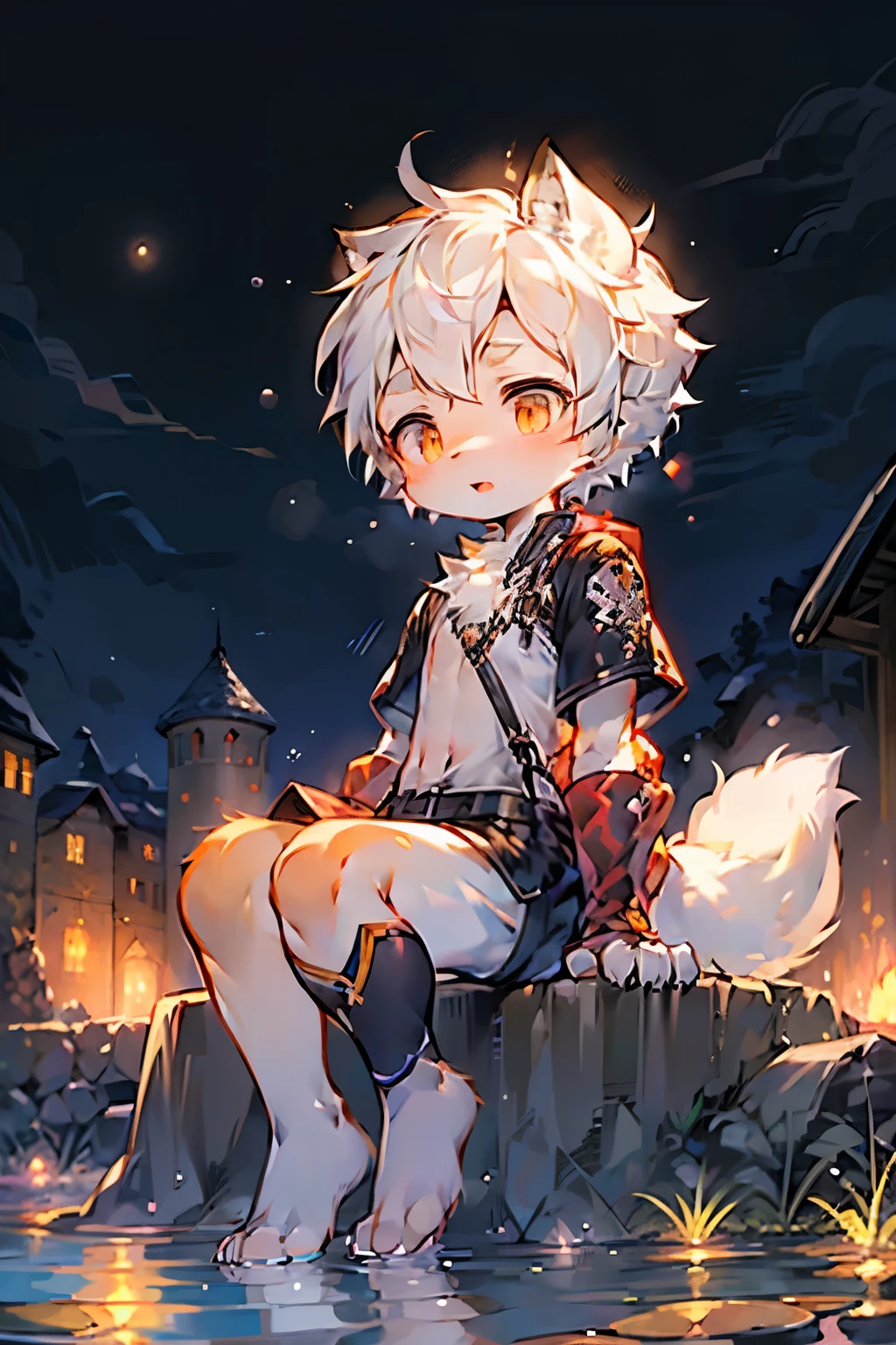 with white hair,Barefoot and white-clad small feet, He sat on top of the tower, It is covered with blue roses, And pray, Fog lights, Impresionismo, 2D, (Thorns: 1.1), (dead tree: 1.1) focus on feet, Close-up of feet,cub, clawed paws, meat mat,Blue fur is of the best quality,4K,A high resolution,Masterpiece:1.2,by Pino Daeni, canyne khai, milkytiger1145, Dagasi, Yupa,