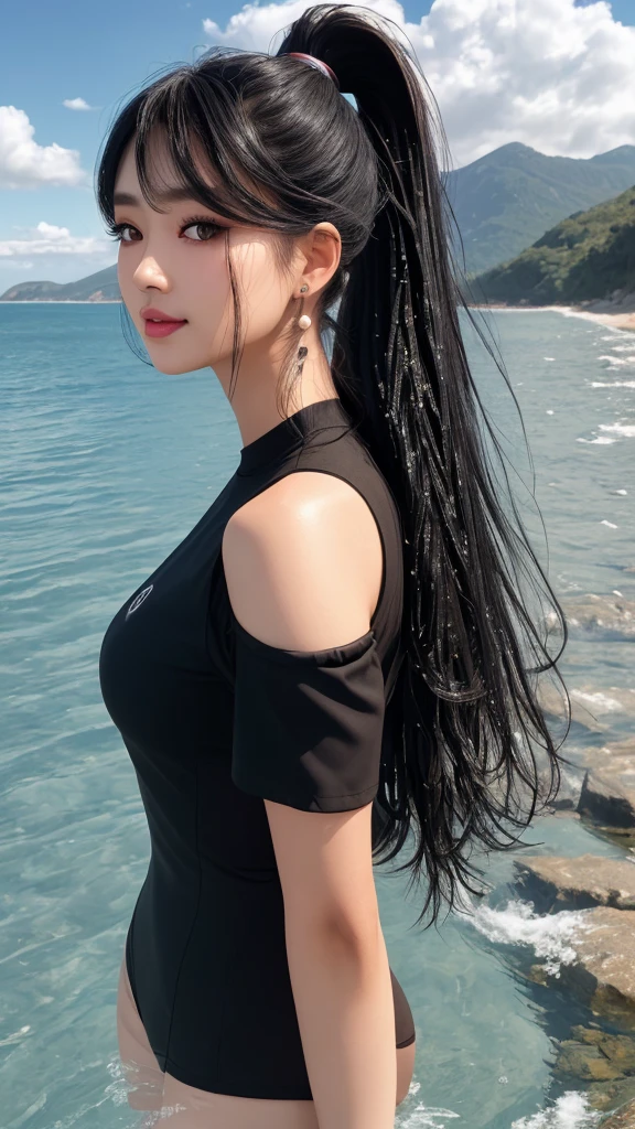 Masterpiece, surreal, high contrast, wide angle, teenage girl, blue sky, outdoors, clouds, (arms outstretched:1, 5), looking at viewer, daytime, (water control:1.5) , ponytail, rock, mountain, water splash, ocean, bad attitude:1. 5. (Medium bust, perky :) Tight body, symmetrical eyes (Slim body) (Slender body). (best hair:1), black hair, messy hair, long hair blowing in the wind, (detailed face), perfect face, soft face, (ulzzang-6500:1 2)mix4, dark brown hair, detailed clothes , best makeup, smokey eyeshadow, detailed mouth, detailed lips, detailed teeth, wicked smile, detailed skin, tight skin, detailed eyes, detailed hair High, cinematic light, epic light