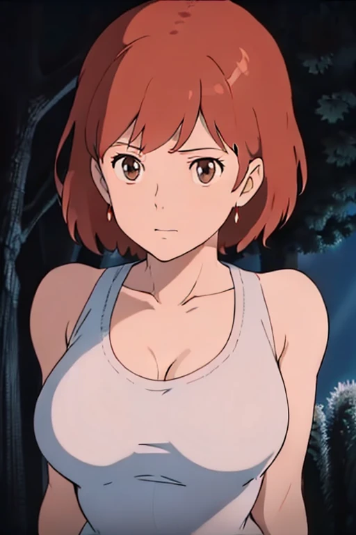 Browsing Caution,(masterpiece, Highest quality, High resolution, Anime screenshots, Anime Color, 8k, Realistic), Nausicaa, woman, mature woman, wife, alone, Brown Hair, (Looking at the audience), Huge breasts, Cleavage, (White tank top), Upper Body, forest, (Perfectly detailed anatomy, Beautiful and elaborate face&eye:1.5, Glowing Skin, Perfect body)、Erect nipples、I want to see up to my knees