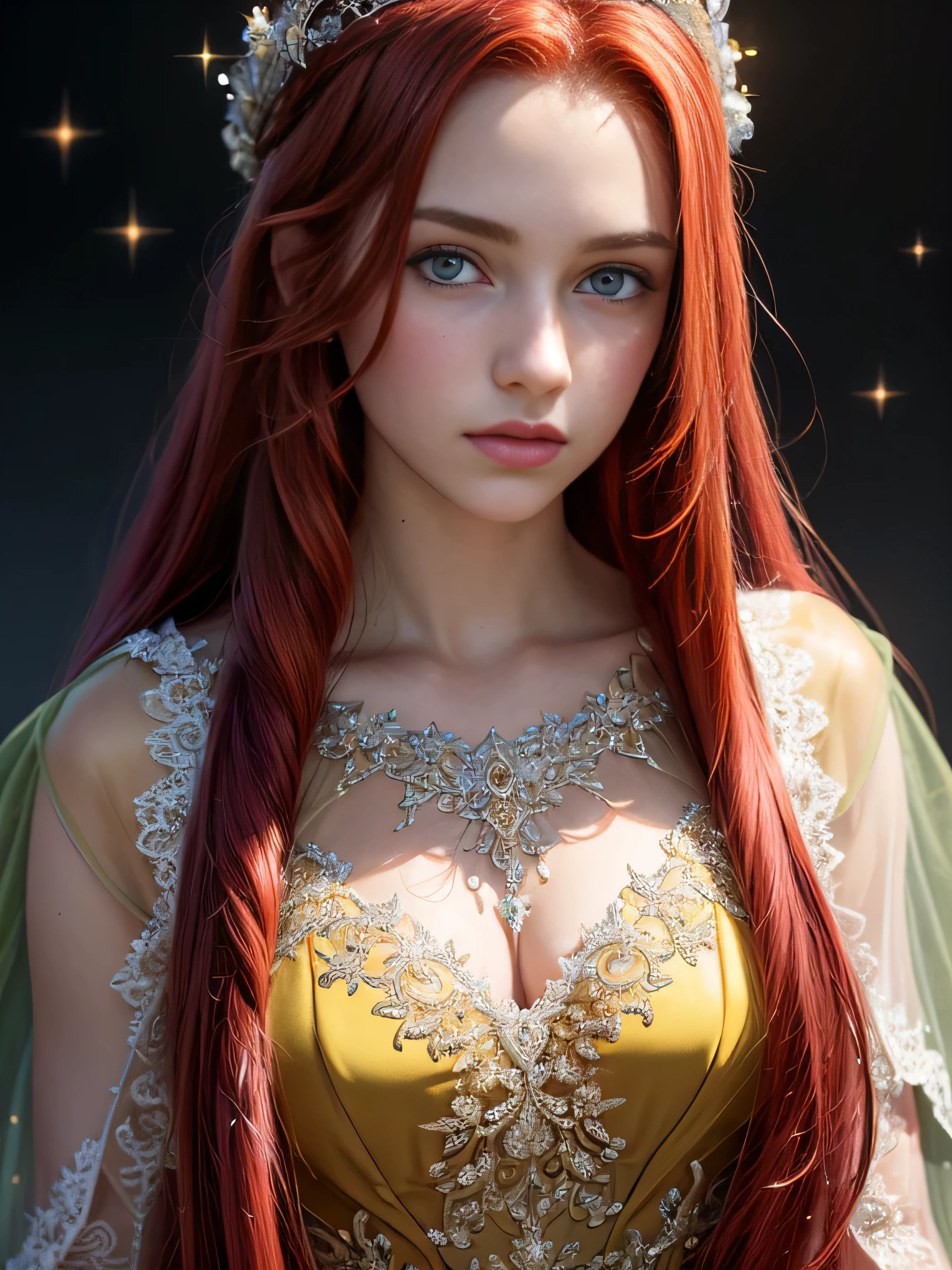 (masterpiece, photorealistic:1.4, extremely intricate:1.6), (photon mapping, radiosity, physically based rendering, ultra resolution, hyper-realistic, photorealistic:1.4, hyper-realistic, 8K, rtx), (( [bodybuilder:supermodel:0.5], (teenage girl, ((orace yellow gown), closeup portrait, (sparkling crown)), cloak, filigree, etched, long straight [bright red hair:blonde hair:0.8], [green eyes:clear eyes:0.5])))