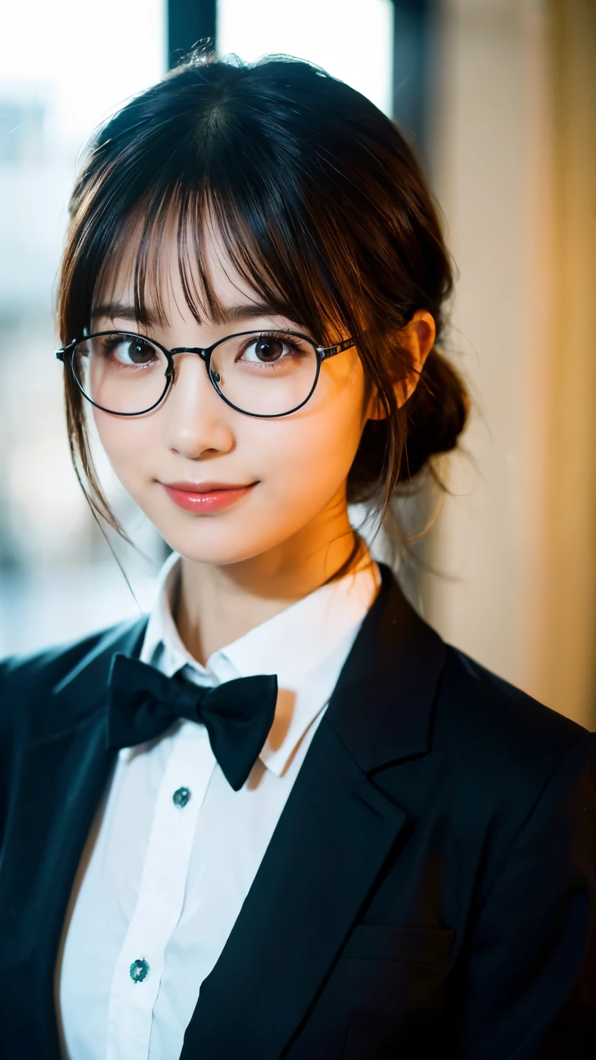 (Highest quality,masterpiece:1.3,Ultra-high resolution),(Very detailed,Caustics,8k),(Realistic:1.4,RAW shooting),A girl dressed as a butler,Japanese,boyish,smile,20-year-old,Short black hair,Glasses,Looking into the camera,Inside the Western-style building,Waist up shot,front,Face Focus,Face close-up,(Warm Light),Professional Writing