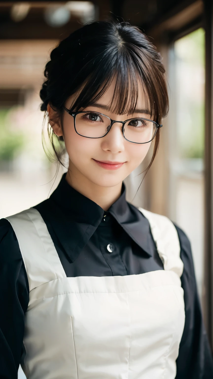 (Highest quality,masterpiece:1.3,Ultra-high resolution),(Very detailed,Caustics,8k),(Realistic:1.4,RAW shooting),A girl dressed as a butler,Japanese,boyish,smile,20-year-old,Short black hair,Glasses,Looking into the camera,Inside the Western-style building,Waist up shot,front,Face Focus,Face close-up,(Warm Light),Professional Writing