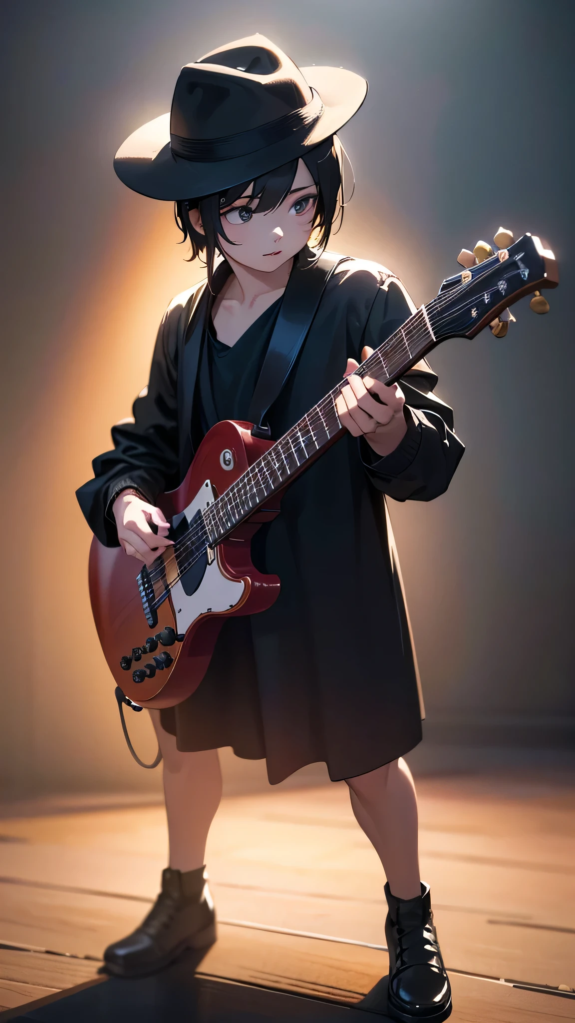 1 black ((dog)) playing guitar, wearing a hat, dapper, modern, (best quality,4k,8k,highres,masterpiece:1.2),ultra-detailed,(realistic,photorealistic,photo-realistic:1.37),HDR,UHD,studio lighting,ultra-fine painting,sharp focus,physically-based rendering,extreme detail description,professional,vivid colors,bokeh,dramatic lighting,chiaroscuro,a very cute and beautiful chibi anime girl, simple flat background, full body, standing, highly detailed face and eyes, clearly outlined, solo