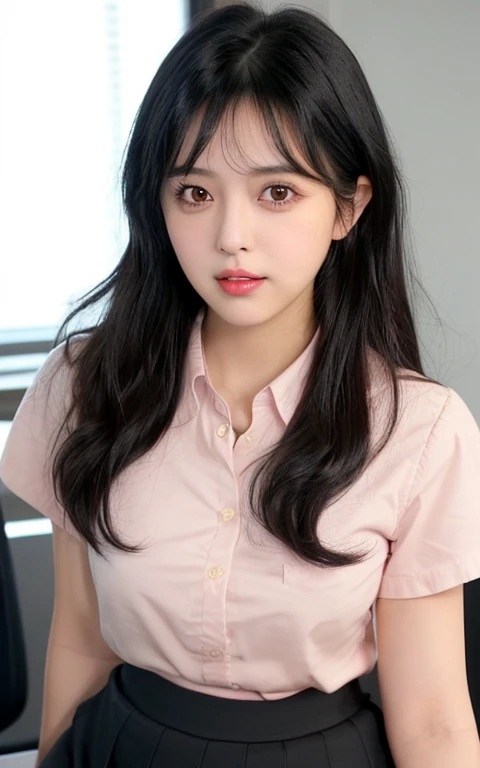Practical, 1 Girl, Black Hair, Dark brown eyes, Bright Eyes, Cracked lips, blush, Sexy, Workplace, Hip skirt.  