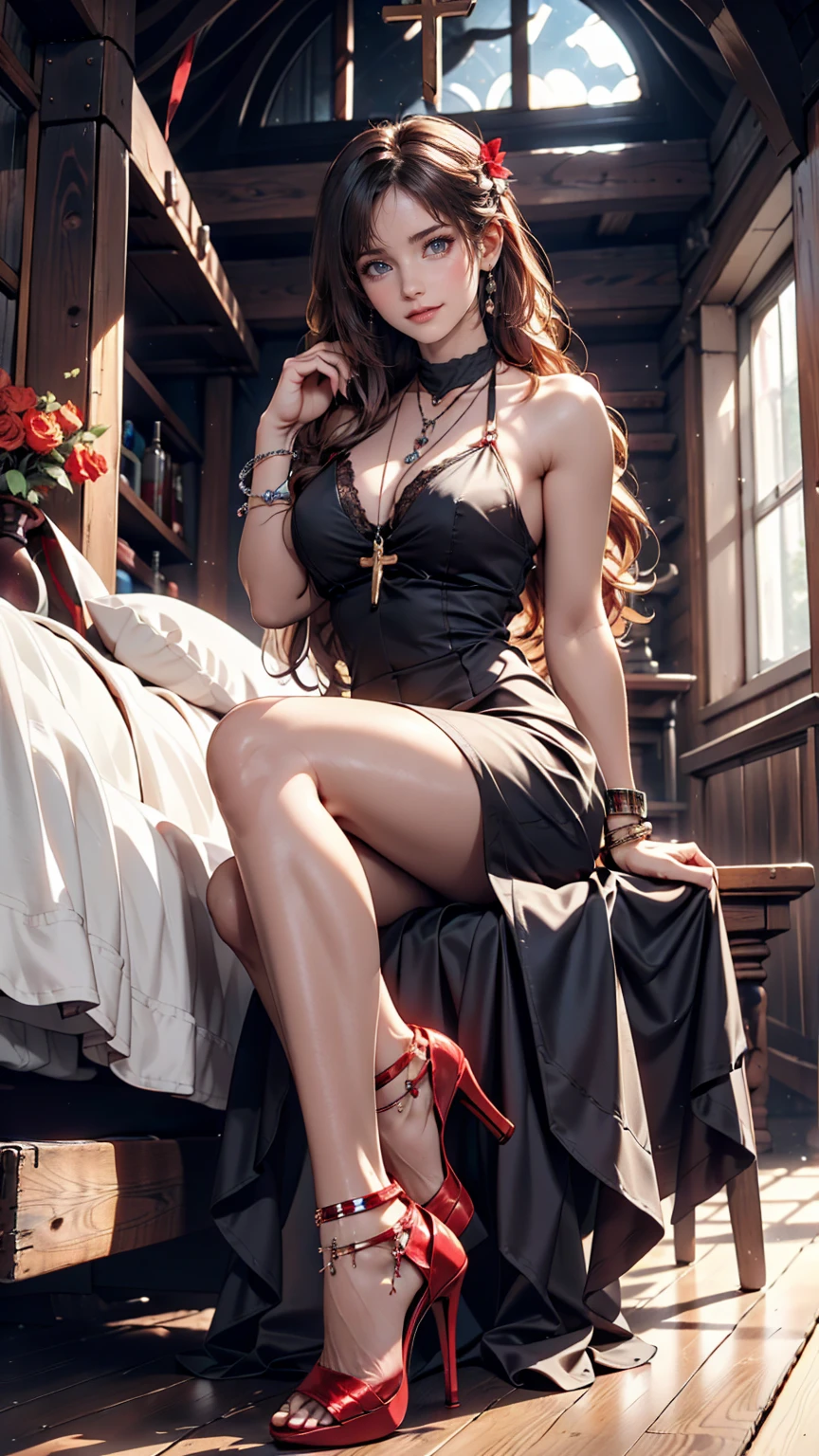 One girl, by Kayahara, smile, Long Hair, Cross halter neck、Dark dress, whole body、Red pendant 、Silver accessories on the wrist、Anklets for feet、Stiletto heels、