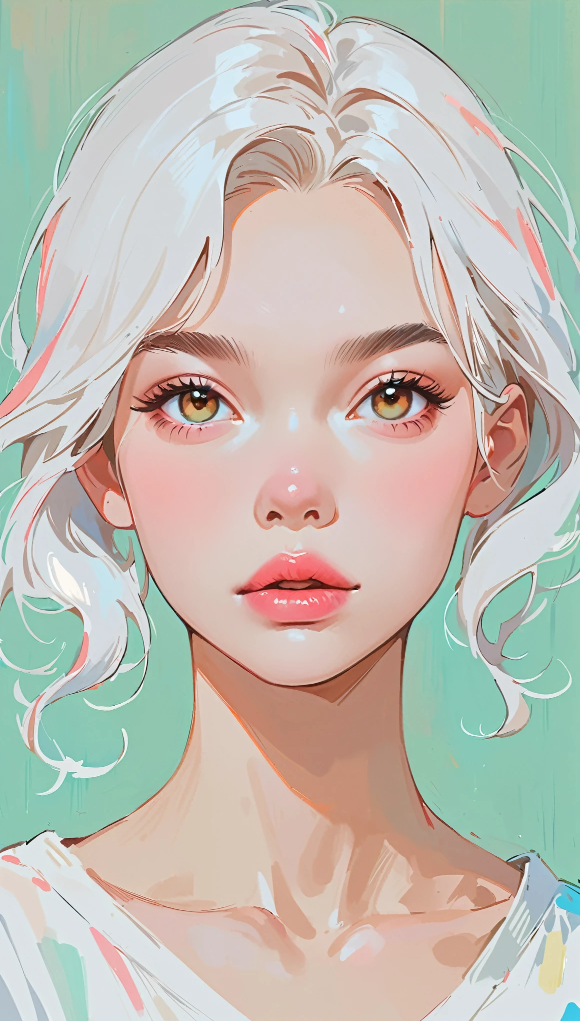 (masterpiece、best quality: 1.2)、1 girl、、Anime style、White hair、Pink lips、E wave hair、whole body,Standing,In the style of a leading portrait painter、Light blue background。