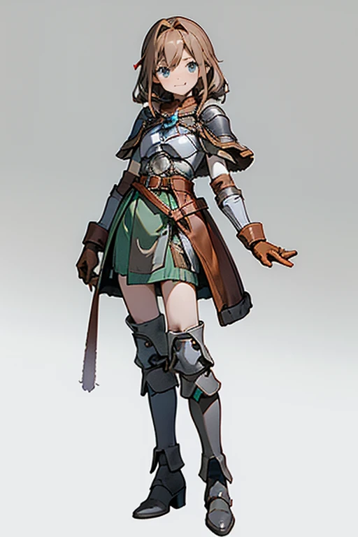 Imagine in a full-body image with full 4K quality, ultra detailed. a mature girl with a perfect curvy body, small breasts, hip bones, perfect face, beautiful blue eyes, long brown hair, drill hair style. She wears a beautiful short dress in green tones in a magical girl style, leather armor ((( leather breastplate heart)), one shoulder leather shoulder pad, high-heeled leather boots, leather gloves, wide belt, knee pads, elbow pads, fur cape ). She stands with her legs apart on a gray background, her expression is loving with a loving, loving smile and tender gaze looking at the viewer. grey background. simple background, ligth and shadows 