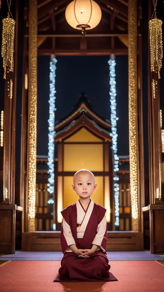 Pretty 2 year old Japanese girl, no hair, arms crossed in front of her, legs crossed in meditation, glaring face, zazen facing camera, looking at camera, monk's attire, splendidly decorated building with glittering lights in background, photographed a short distance away.