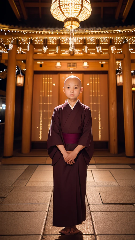 Pretty 2 year old Japanese girl, no hair, arms crossed in front of her, legs crossed in meditation, glaring face, zazen facing camera, looking at camera, monk's attire, splendidly decorated building with glittering lights in background, photographed a short distance away.