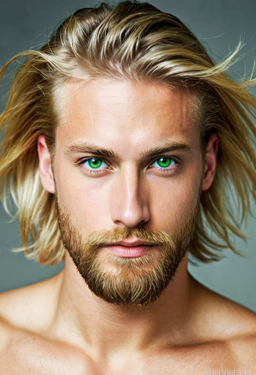 photograph of a face, blond man, green eyes, full beard, straight hair, hair thrown back, hair shaved on the sides, harmonious face, sexy face, sexy look, shirtless  