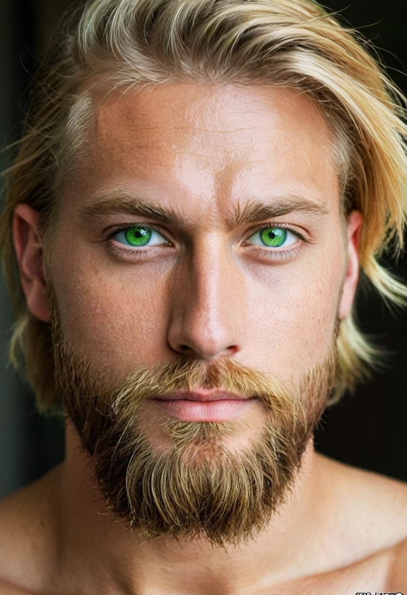 photograph of a face, blond man, green eyes, full beard, straight hair, hair thrown back, hair shaved on the sides, harmonious face, sexy face, sexy look, shirtless  