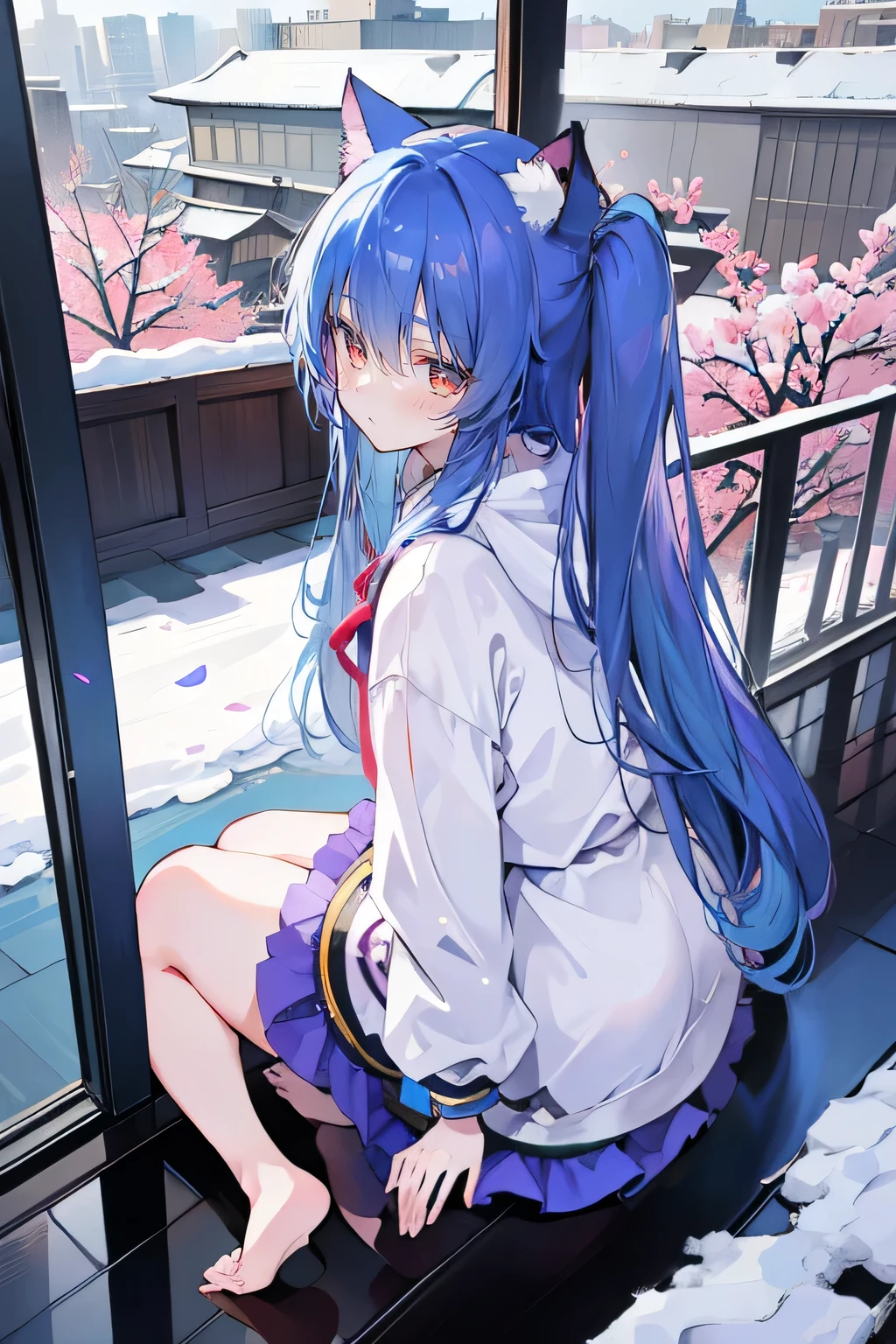 (masterpiece:1.2),Super detailed,lifelike,Expressive eyes,fair skin,perfect face shape,1 girl,
Japanese comics,Gorgeous blue hair,flowing blue hair,flowing clothes,Cat ears,Petals fall,beautiful lola,Baby Angel,
Cross your legs,Gentle and peaceful background,The pavilion is cool and comfortable,smile, wearing hoodie, background of tokyo,back views,heavy snowing, winter.