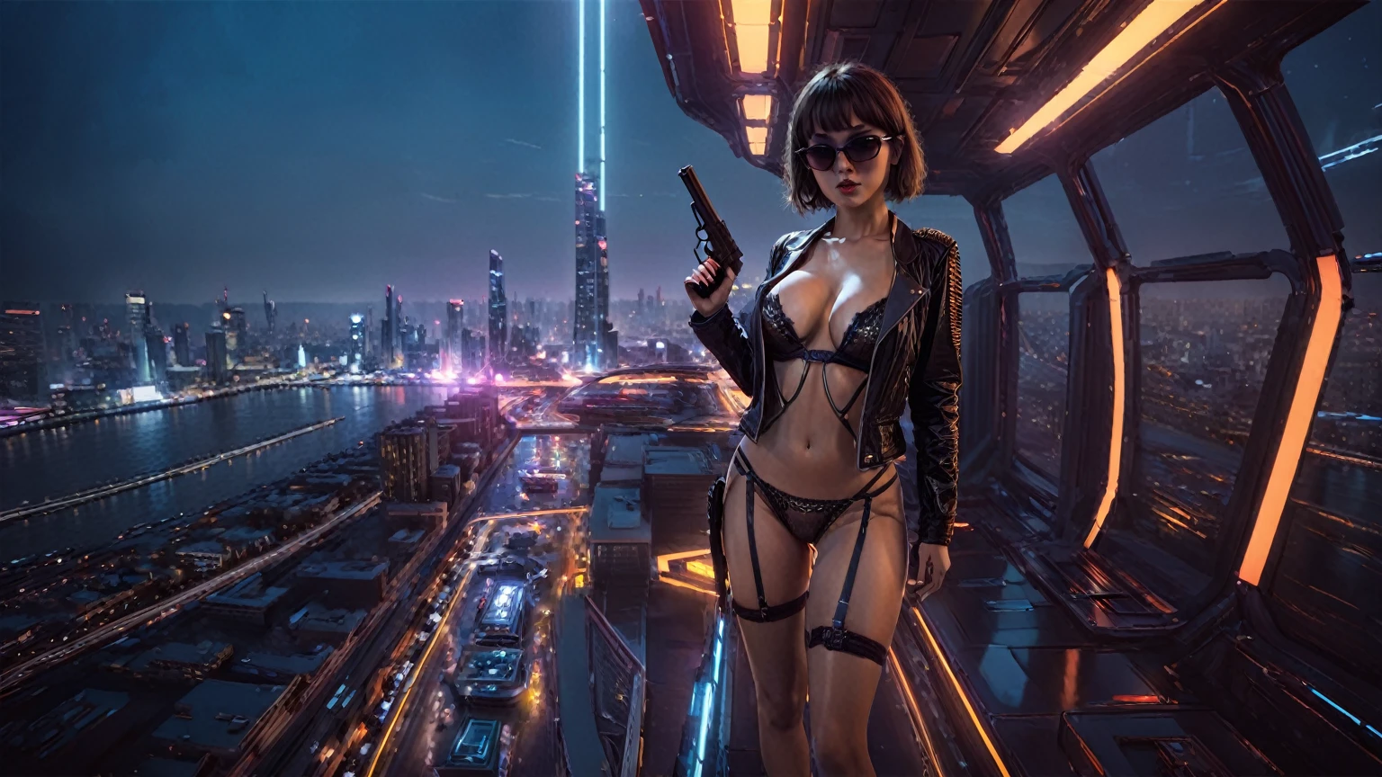 (aerial view), Blade Runner style futuristic sky bridge, (flying cars), neon lights. (1girl, solo, alone), large-breast:1.2 slim body, cleavage:1.1, sexy micro laced lingerie with jacket, (black sunglasses), ((she raised a pistol:1.8 and shot the viewer)), dynamic pose, ((half-body thigh level medium shot)), cinematic lighting, lens flare, ray tracing.