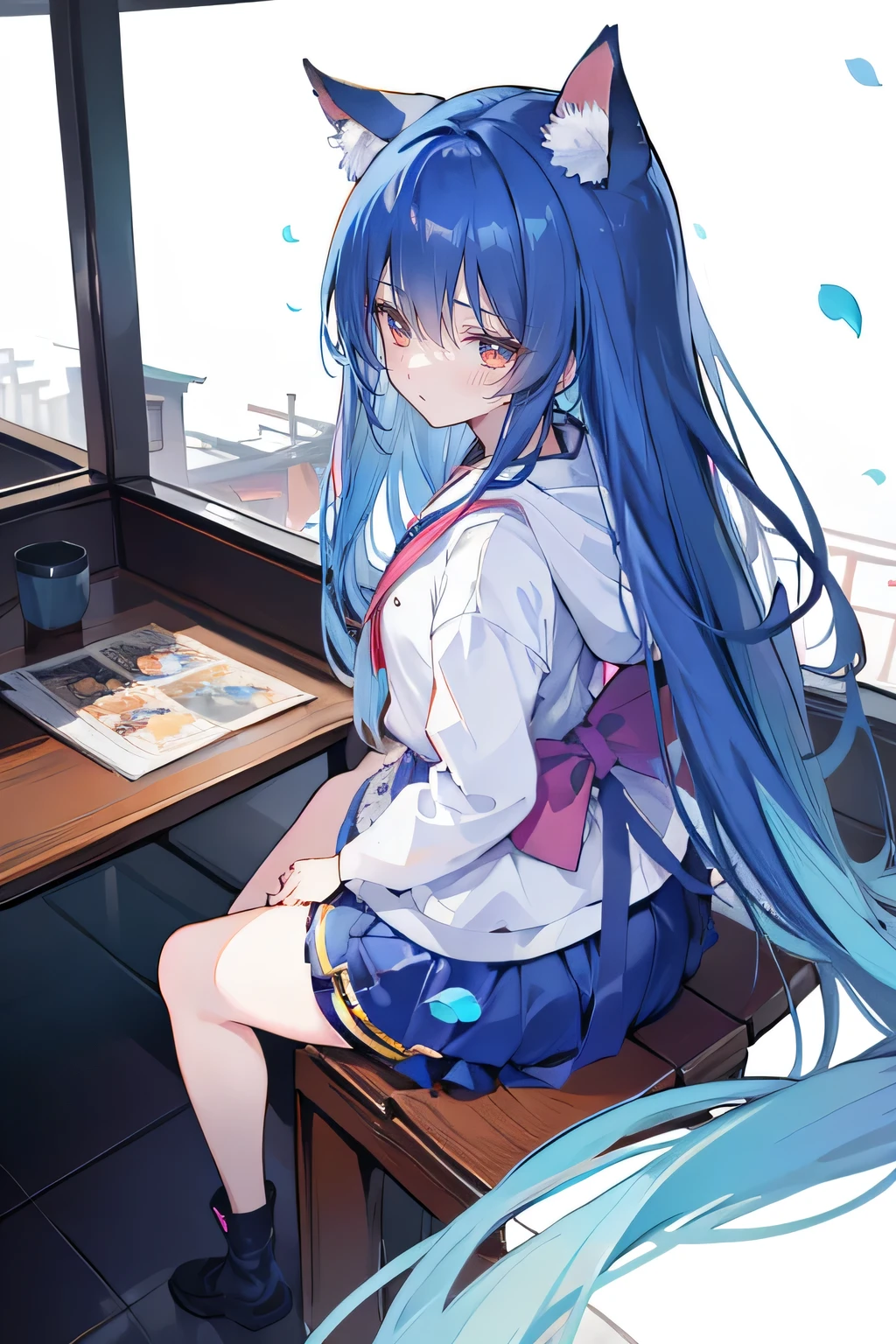 (masterpiece:1.2),Super detailed,lifelike,Expressive eyes,fair skin,perfect face shape,1 girl,
Japanese comics,Gorgeous blue hair,flowing blue hair,flowing clothes,Cat ears,Petals fall,beautiful lola,Baby Angel,
Cross your legs,Gentle and peaceful background,The pavilion is cool and comfortable,smile, wearing hoodie, background of tokyo,back views,heavy snowing, winter.