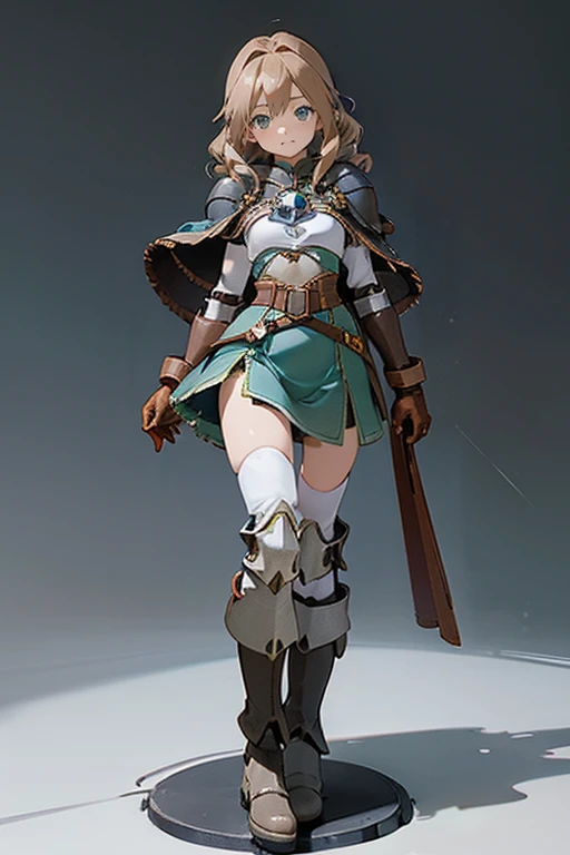 Imagine in a full-body image with full 4K quality, ultra detailed. a mature girl with a perfect curvy body, small breasts, hip bones, perfect face, beautiful blue eyes, long brown hair, drill hair style. She wears a beautiful short dress in green tones in a magical girl style, poet slevess, leather armor ((( leather breastplate heart)), one shoulder leather shoulder pad, high-heeled leather boots, leather gloves, wide belt, knee pads, elbow pads, fur cape ). She stands with her legs apart on a gray background, her expression is loving with a loving, loving smile and tender gaze looking at the viewer. grey background. simple background, ligth and shadows 