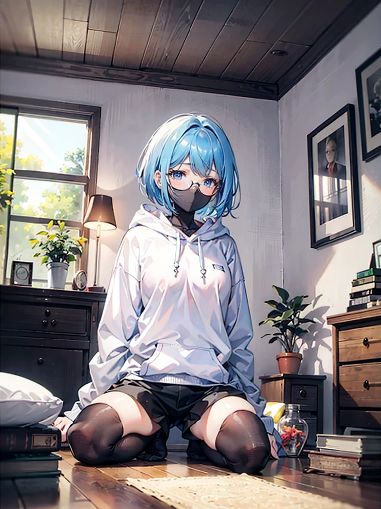 1girl, short hair, wearing white hoodie and black shorts, inside the bedroom, in the bed, sitting, sleepy expression, morning, there are few books inside the room, a dresser with glasses, alarm and some plants on pot on top of the dresser, wooden floor, some stuff in the wall like calendar, clock, warming calm ambience, light coming from the window, masterpiece, ultrahd, 4K
