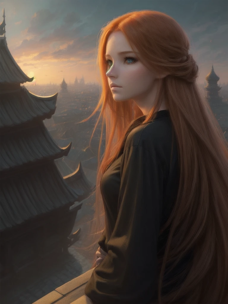 (high quality, ArtStation, Relax Art, fantasy style:1.2), (A beautiful girl, from side, looking at viewer), (long messy ginger hair), (black shirt), (palace rooftop, autumn)