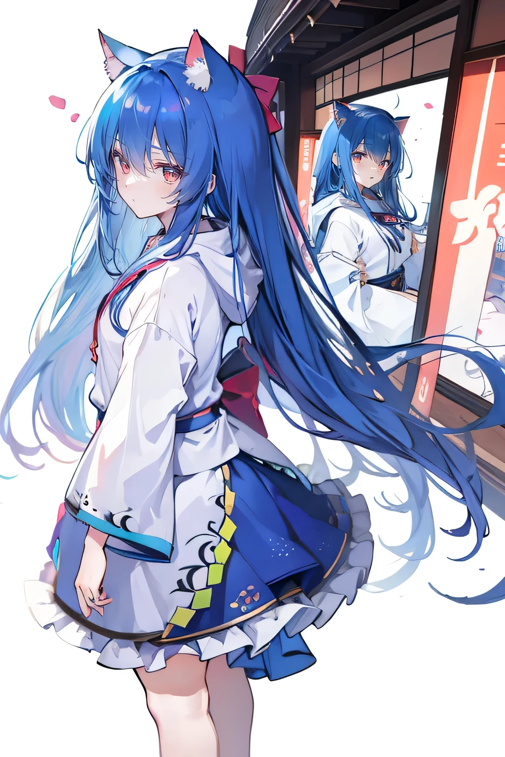 （masterpiece：1.2），Super detailed，lifelike，Expressive eyes，fair skin，perfect face shape，1 girl，
Japanese comics,Gorgeous blue hair,flowing blue hair,flowing clothes,Cat ears,Petals fall,beautiful lola,Baby Angel,
Cross your legs，Gentle and peaceful background，The pavilion is cool and comfortable,smile, wearing hoodie, background of tokyo,back views,heavy snowing, winter.