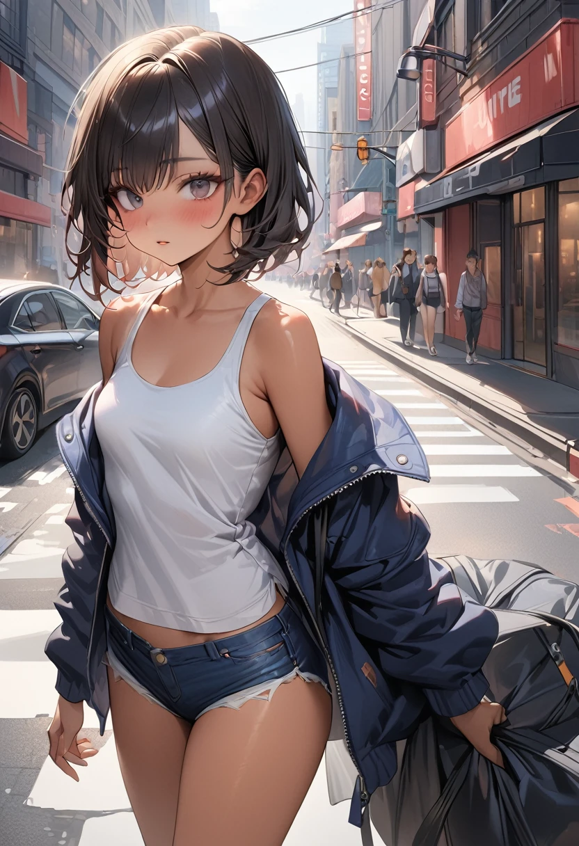 ((masterpiece,Highest quality:1.3,best quality illustration)),(realistic:1.2)、cowboy shot,独奏,1woman,((Mature Beauty)),black hair,(very short shaggy hair),bangs,black eyes,(gorgeous big eyes),(very small head),blush,((very long body,skinny,slender body,tan skin)),((Navy blue baseball jacket)),small breasts,gleaming skin,oily skin,denim micro shorts,Wearing a white tank top and a blouson,on street,New York City、