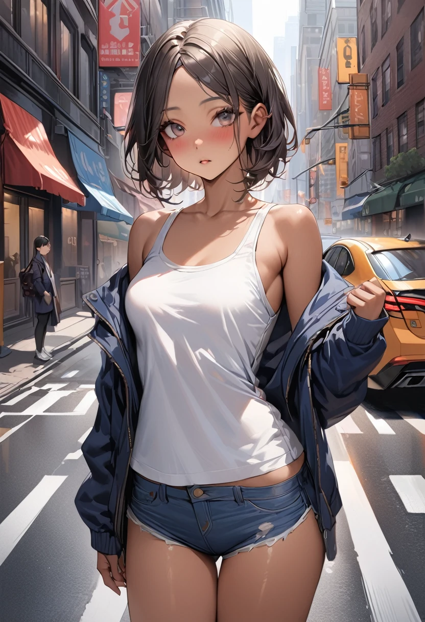 ((masterpiece,Highest quality:1.3,best quality illustration)),(realistic:1.2)、cowboy shot,独奏,1woman,((Mature Beauty)),black hair,(very short shaggy hair),bangs,black eyes,(gorgeous big eyes),(very small head),blush,((very long body,skinny,slender body,tan skin)),((Navy blue baseball jacket)),small breasts,gleaming skin,oily skin,denim micro shorts,Wearing a white tank top and a blouson,on street,New York City、