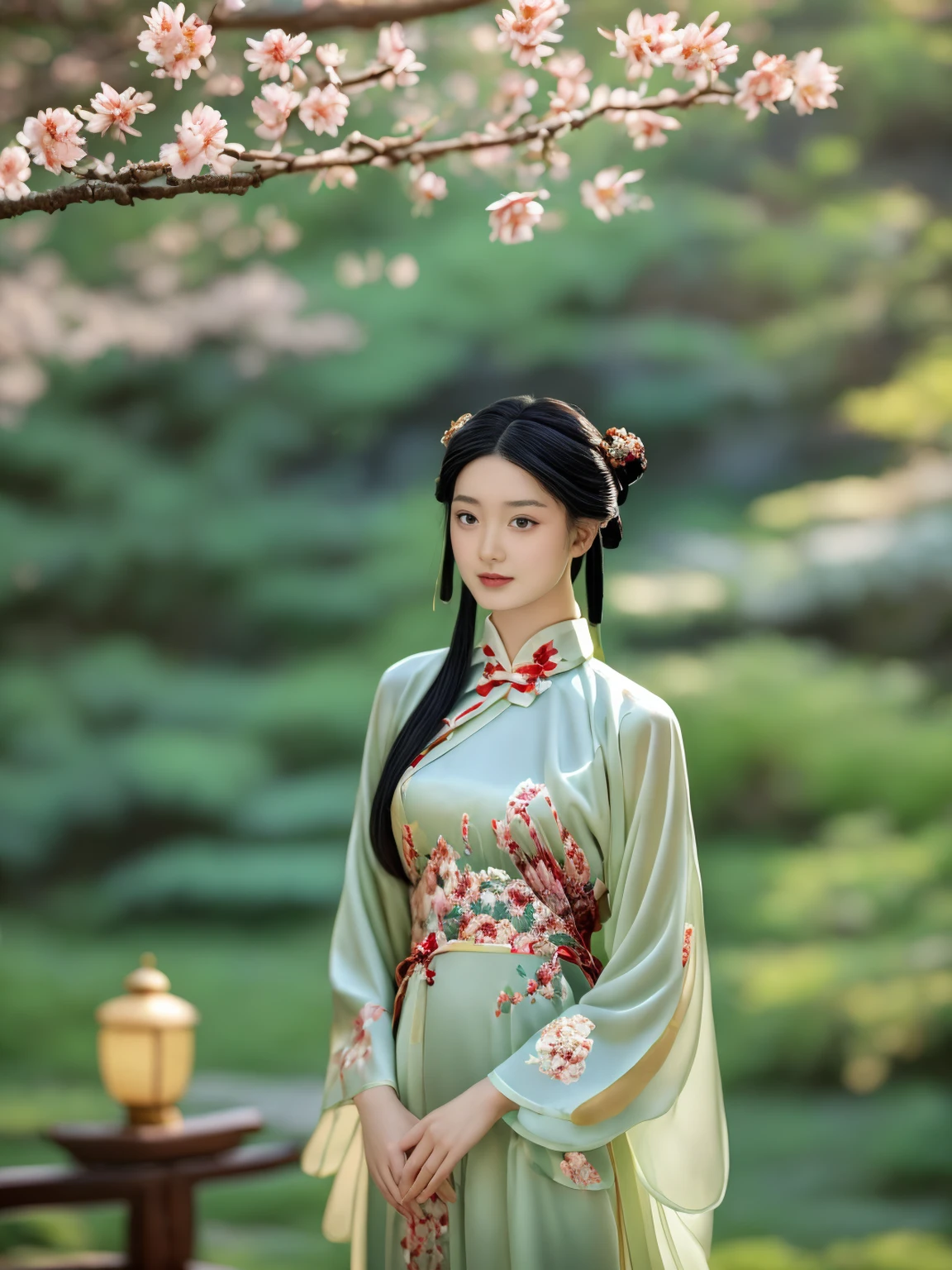 A stunning Chinese girl in an elegant crimson Ming dynasty hanfu, adorned with intricate gold embroidery depicting delicate floral patterns. She stands gracefully in a traditional garden, surrounded by lush greenery and stone lanterns. The soft light of the setting sun illuminates her delicate features and flowing black hair, adorned with ornate hairpins. Her serene smile and poised stance exude timeless beauty and subtle sensuality.