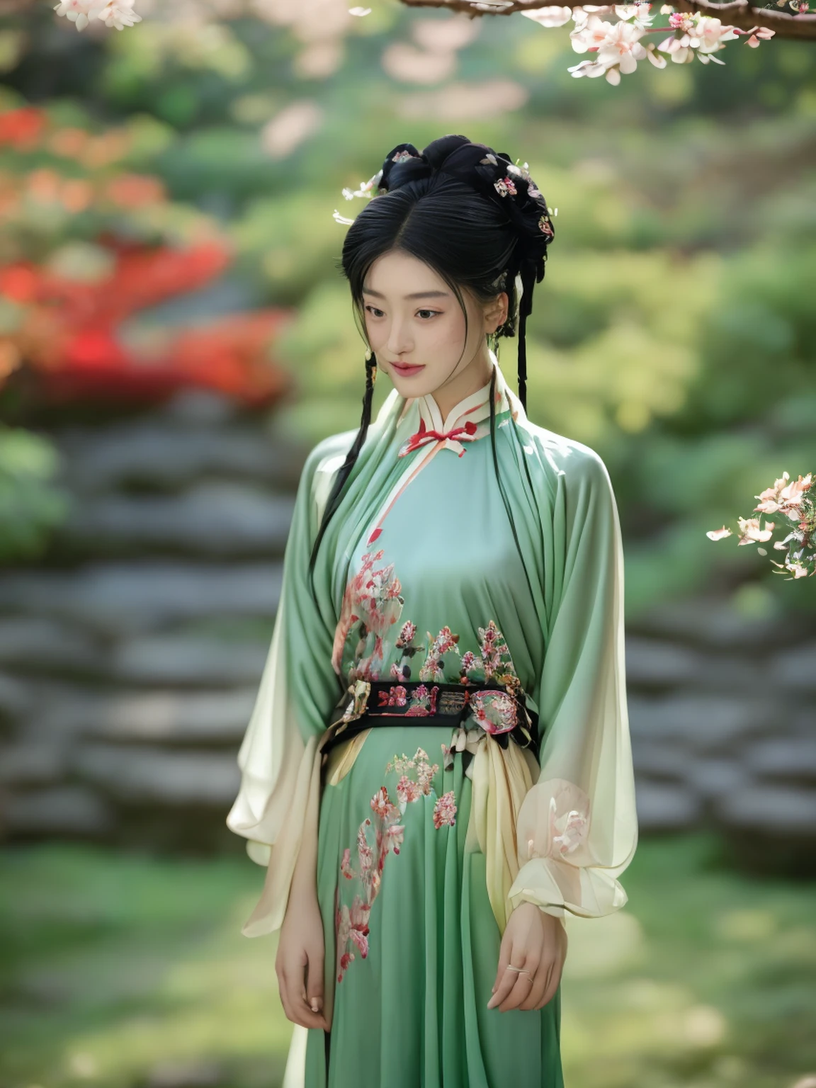 A stunning Chinese girl in an elegant crimson Ming dynasty hanfu, adorned with intricate gold embroidery depicting delicate floral patterns. She stands gracefully in a traditional garden, surrounded by lush greenery and stone lanterns. The soft light of the setting sun illuminates her delicate features and flowing black hair, adorned with ornate hairpins. Her serene smile and poised stance exude timeless beauty and subtle sensuality.