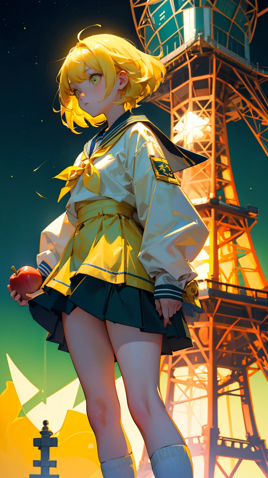 A cute girl with yellow hair and big eyes wearing a sailor suit, holding an apple in her hand, with Tokyo Tower behind her. A school band is playing musical instruments. The color scheme is yellow-green. The title is "Farewell to capsule girls modifications"." Easy KYC" written on the bottom