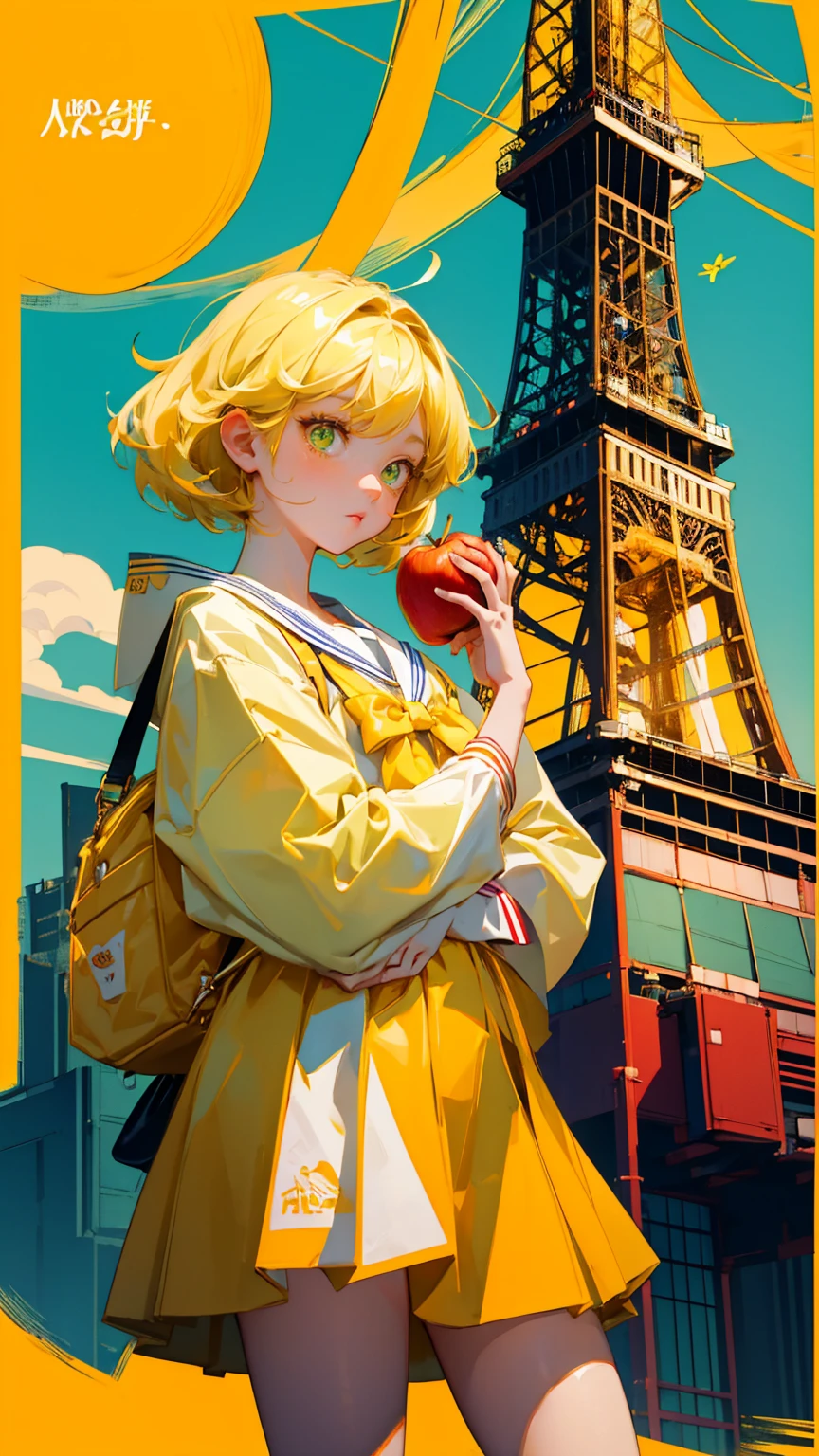 A cute girl with yellow hair and big eyes wearing a sailor suit, holding an apple in her hand, with Tokyo Tower behind her. A school band is playing musical instruments. The color scheme is yellow-green. The title is "Farewell to capsule girls modifications"." Easy KYC" written on the bottom