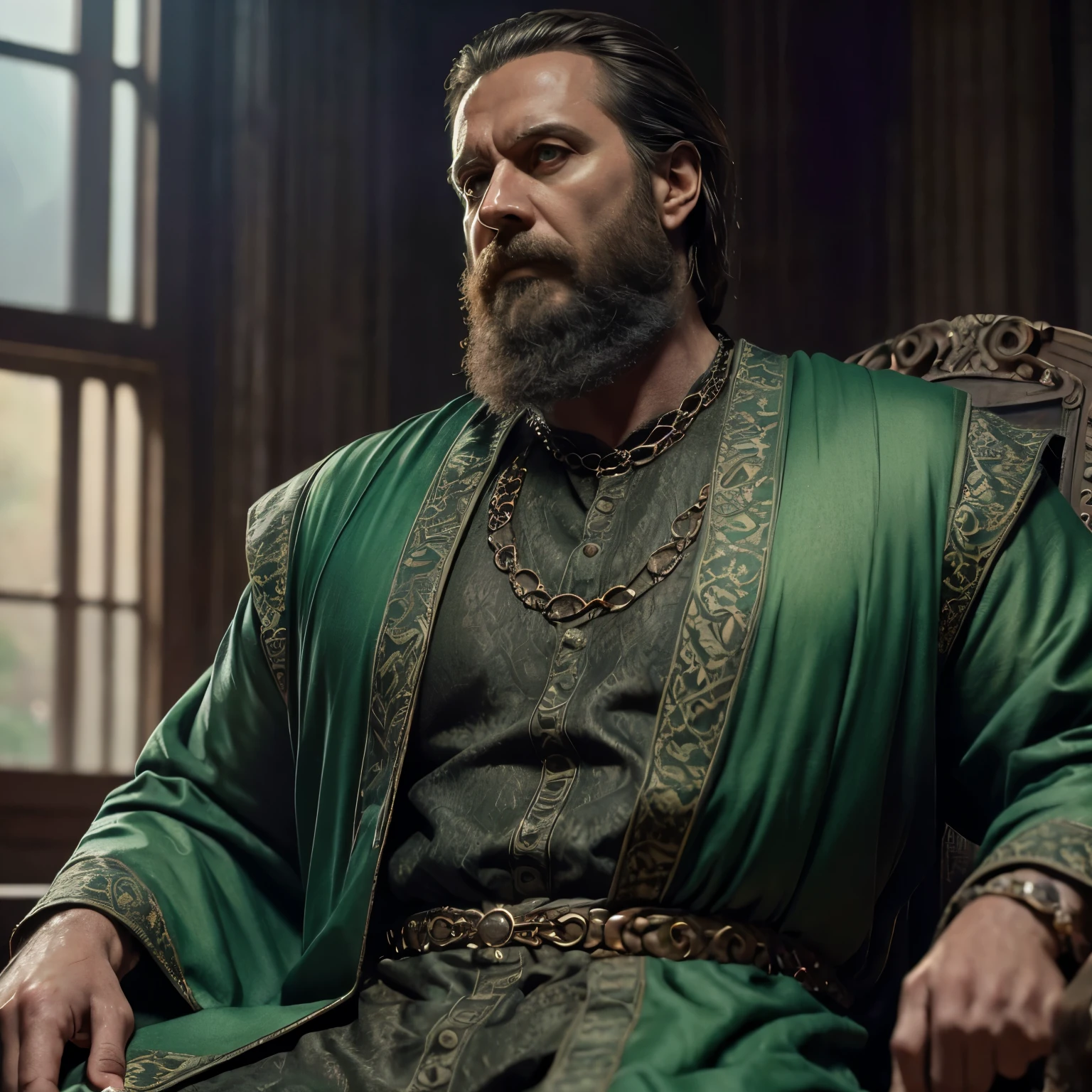 A otto hightower musculoso, very lewd, Stately, lateral view, below pov, fully body, 50 years old , thick  beard, dark oliva skin color, oiled skin, wide pectorals, huge pecs, hair chest, sultry posing, He's sitting on the throne, He's spread legged, wearing a open green royal robe, wet body, bare arms, big bulge, Large protrusion in the groin, thick thights, Wonderful highly detailed masterpiece, beautiful cinematic light deep focus, chic, digitalpainting, seeds, sharp focus, golden ratio, dramatic lighting, 8k