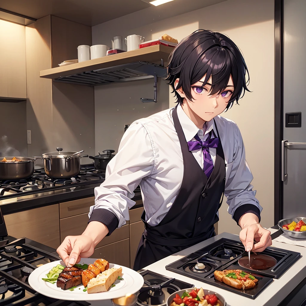 male high school student Black hair, dark purple eyes  He is cooking 