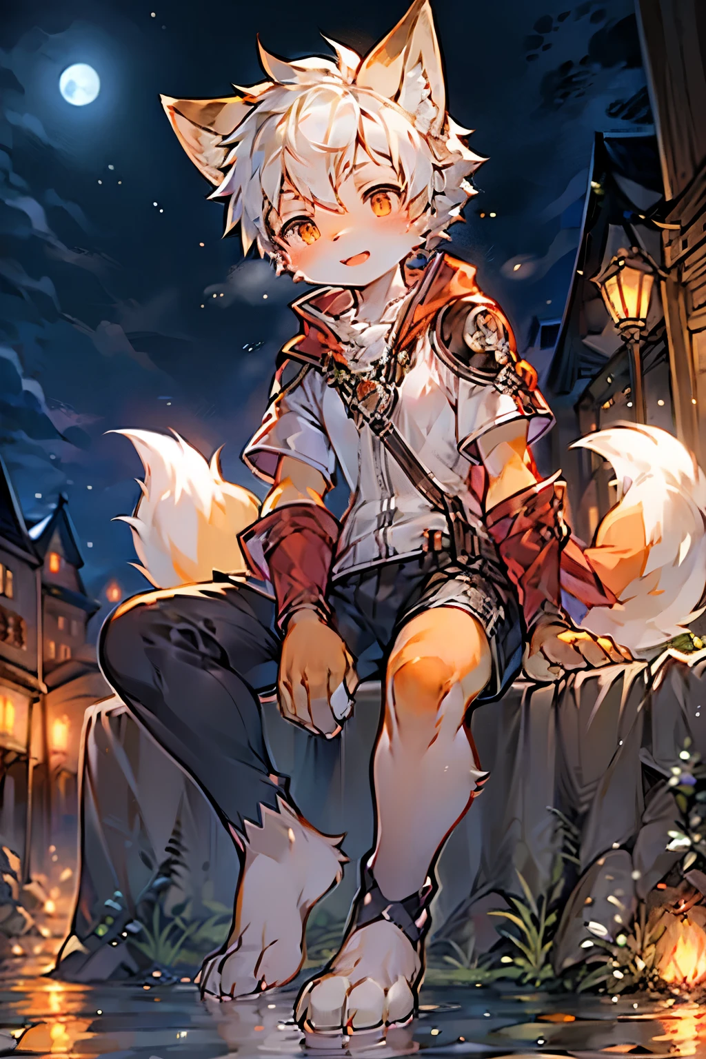 Brothers and sisters，Fox Girl，Fox Boy，Orange Skin，White hair，White Arm，Brave Suit，shorts，Medieval town background