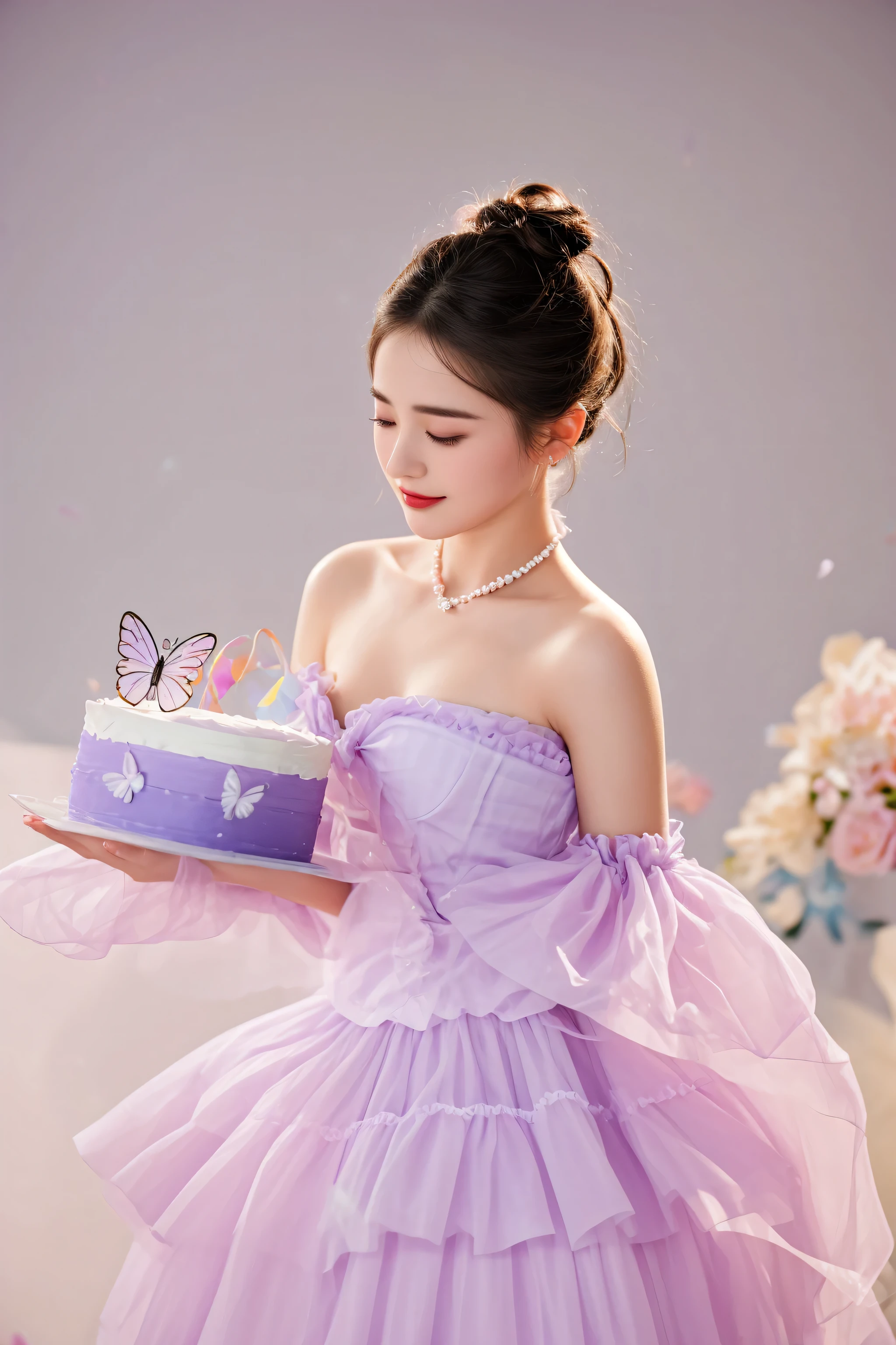 araffe woman in a purple dress holding a cake with candles, holding a birthday cake, happy birthday, with soft pink colors, violet colored theme, cake in hand, krystal, wearing purple romantic tutu, dilraba dilmurat, wearing organza gown, eating cakes, jisoo from blackpink, captured on canon eos r 6, cake, sha xi, fanart