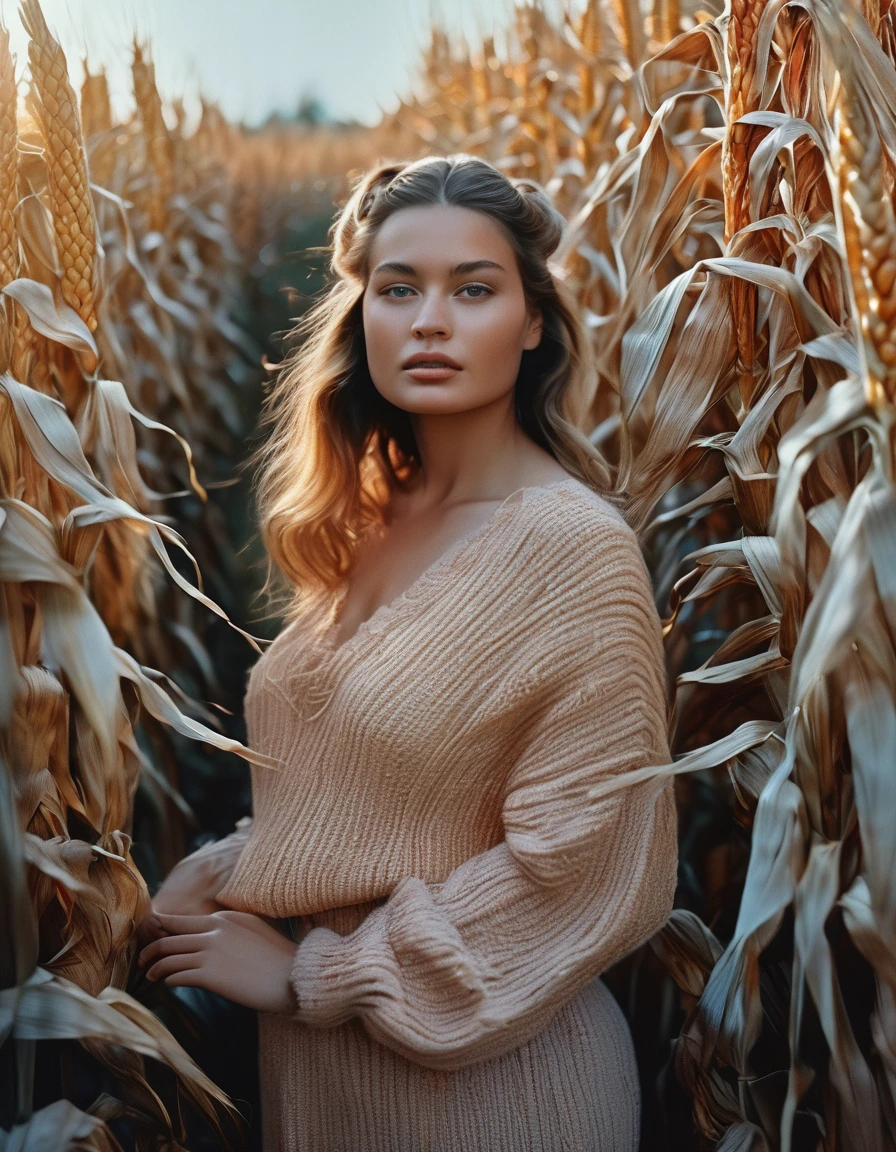 (Dramatic full shot:1.4), (Best quality:1.4),(dynamic angle:1.3), 25y, (chubby:1.3), 1uzbek girl, wearing ((orange sweater torn dress)), big breast, wavy  bun hairstyle blowing in the wind, summer, dark moody, beautiful shadow and sunlight, intricate posing, standing in the garden with (dry corn plants:1.5), aesthetic atmosphere, kodacrhome, cinematic lighting, masterpiece composition, realistic face and eyes, realistic skin, ultra highly detailed, sharp focus, beautiful film bokeh, surreal view, shot by zenit camera with 35mm lens, Portrait by annie leibovitz, in 2024