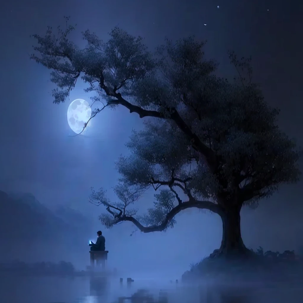 Foggy night,A man sitting under a tree, soft 蓝色moonlight, 蓝色moonlight, beautiful Moonlit Night, 美丽的moonlight, 蓝色的moonlight, Moonlit Night dreamy atmosphere, blue moonlight, Moonlit Night, 令人惊叹的moonlight和阴影, Moonlit Night, beautiful moonlight, 夜晚的moonlight, at night with moonlight, Very beautiful photos, moonlight