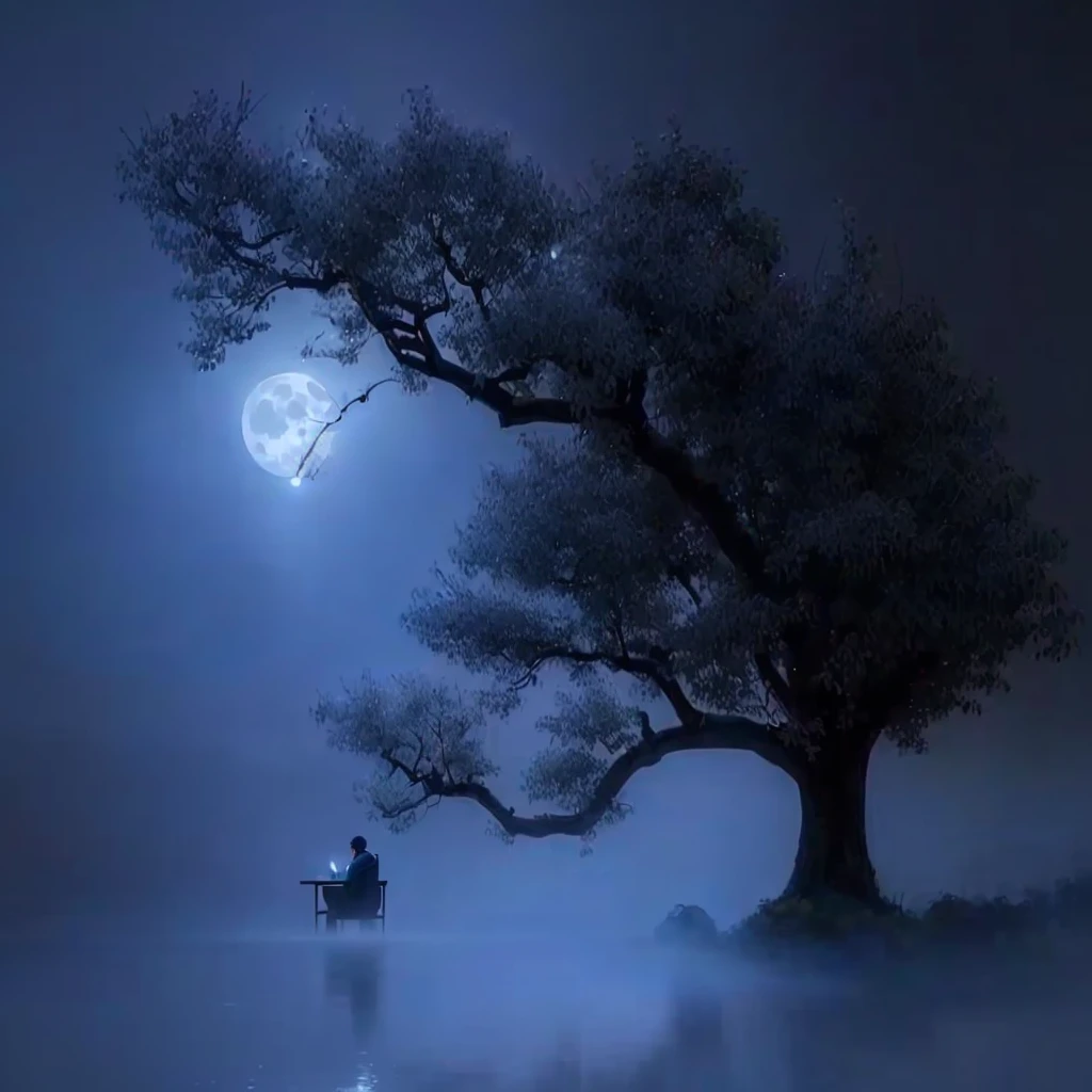 Foggy night,A man sitting under a tree, soft 蓝色moonlight, 蓝色moonlight, beautiful Moonlit Night, 美丽的moonlight, 蓝色的moonlight, Moonlit Night dreamy atmosphere, blue moonlight, Moonlit Night, 令人惊叹的moonlight和阴影, Moonlit Night, beautiful moonlight, 夜晚的moonlight, at night with moonlight, Very beautiful photos, moonlight