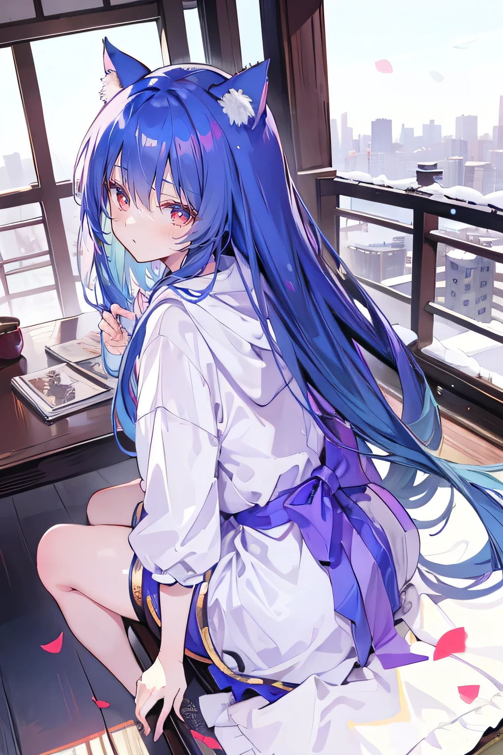 (masterpiece:1.2),Super detailed,lifelike,Expressive eyes,fair skin,perfect face shape,1 girl,
Japanese comics,Gorgeous blue hair,flowing blue hair,flowing clothes,Cat ears,Petals fall,beautiful lola,Baby Angel,
Cross your legs,Gentle and peaceful background,The pavilion is cool and comfortable,smile, wearing hoodie, background of tokyo,back views,heavy snowing, winter.