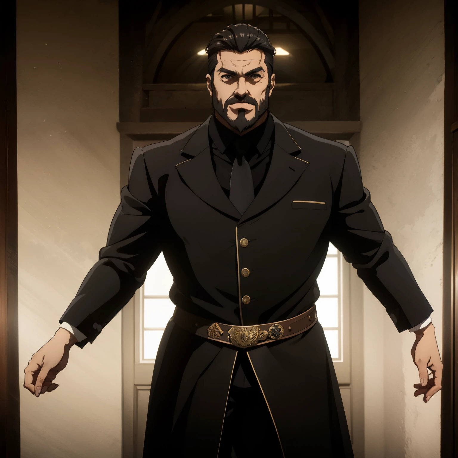 One handsome king, sebas, treinando no jardim, muito lascivo, imponente, Vista lateral, below pov, corpo inteiro, 50 years old, black short hair , thick black beard, white skin color, peitorais largos, peitorais enornes, hair chest, pose sensual, rindo do espectador, wearing a tight black royal robe and a tight speedo underwear, very cleavage robe, wet body, bare arms, big bulge, thick thights, grande protuberancia na virilha, grande virilha, Obra-prima maravilhosa altamente detalhada, beautiful cinematic light deep focus, elegante, Pintura digital, sementes, sharp focus, golden ratio, dramatic lighting, 8k