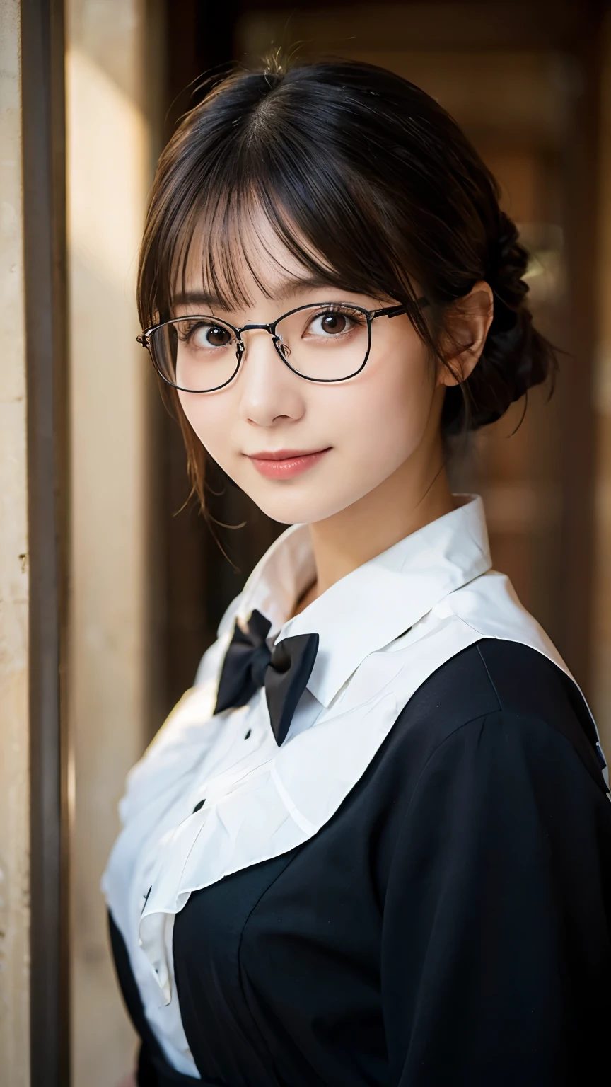 (Highest quality,masterpiece:1.3,Ultra-high resolution),(Very detailed,Caustics,8k),(Realistic:1.4,RAW shooting),A girl dressed as a butler,Japanese,boyish,smile,20-year-old,Short black hair,Glasses,Looking into the camera,Inside the Western-style building,Waist up shot,front,Face Focus,Face close-up,(Warm Light),Professional Writing