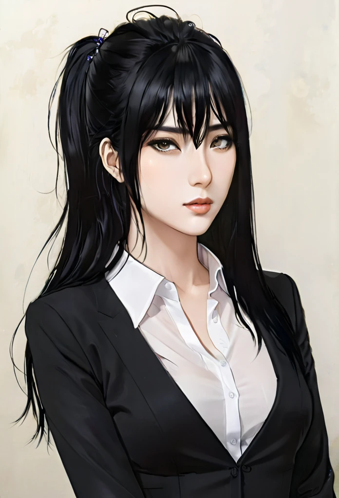 (masterpiece high quality, modern clothes) face focuss, 3x4 , 24 years, caitlyn, black hair, 1girl, long hair, bangs, black attire, normal , messy hair, white top suit, black clothes, anime style character, highly detailed exquisite fanart, realistc anime, black eyes