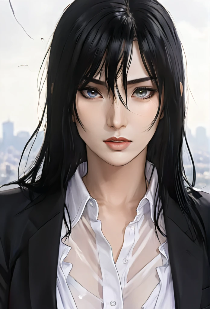 (masterpiece high quality, modern clothes) face focuss, 3x4 , 24 years, caitlyn, black hair, 1girl, long hair, bangs, black attire, normal , messy hair, white top suit, black clothes, anime style character, highly detailed exquisite fanart, realistc anime, black eyes