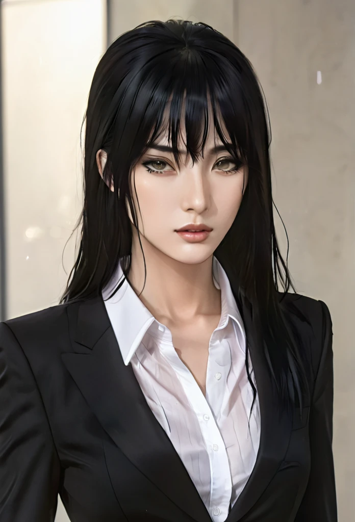 (masterpiece high quality, modern clothes) face focuss, 3x4 , 24 years, caitlyn, black hair, 1girl, long hair, bangs, black attire, normal , messy hair, white top suit, black clothes, anime style character, highly detailed exquisite fanart, realistc anime, black eyes