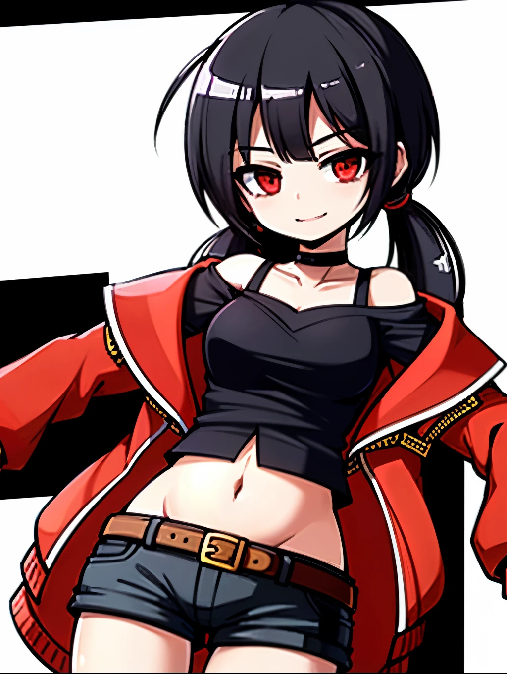 ((masterpiece, Highest quality)), (One girl), (alone), (Focus on women), (Black Hair, Low Twintails), ((Red eyes),(A sophisticated eye)),  ((White short off-the-shoulder),(The belly button is visible)), (Leather shorts), (Black choker), (Are standing), (White background) (Put your arms behind your back), (Dynamic Angle)), (A light smile),(Shiny thighs), 